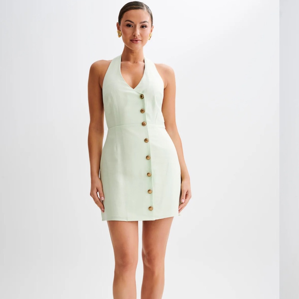 Meshki Mint Halter Button-Front Mini Dress